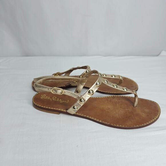 Lilly Pulitzer Gold Leather Studded Open Toe Summer Thong Strappy Sandals Size 9 - Picture 2 of 10